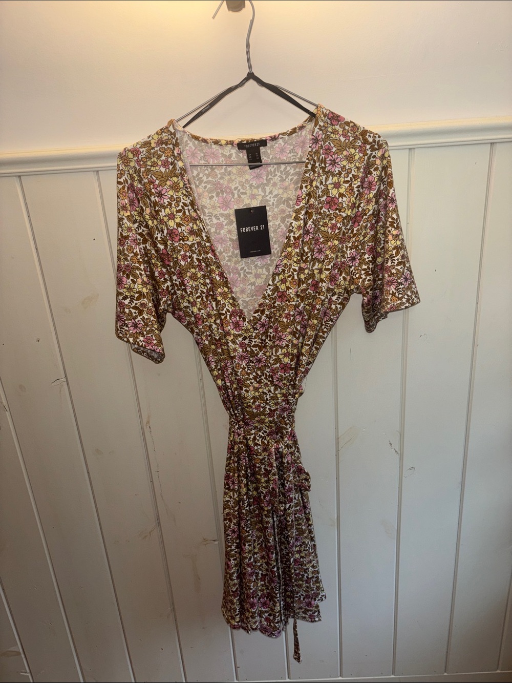 Forever 21 Olive and Pink Floral Wrap Midi Dress